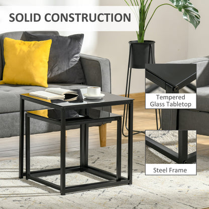 Nesting Tables Side Table, Modern Bedside Tables w/ Tempered Glass Desktop for Living Room Bedroom Office Black