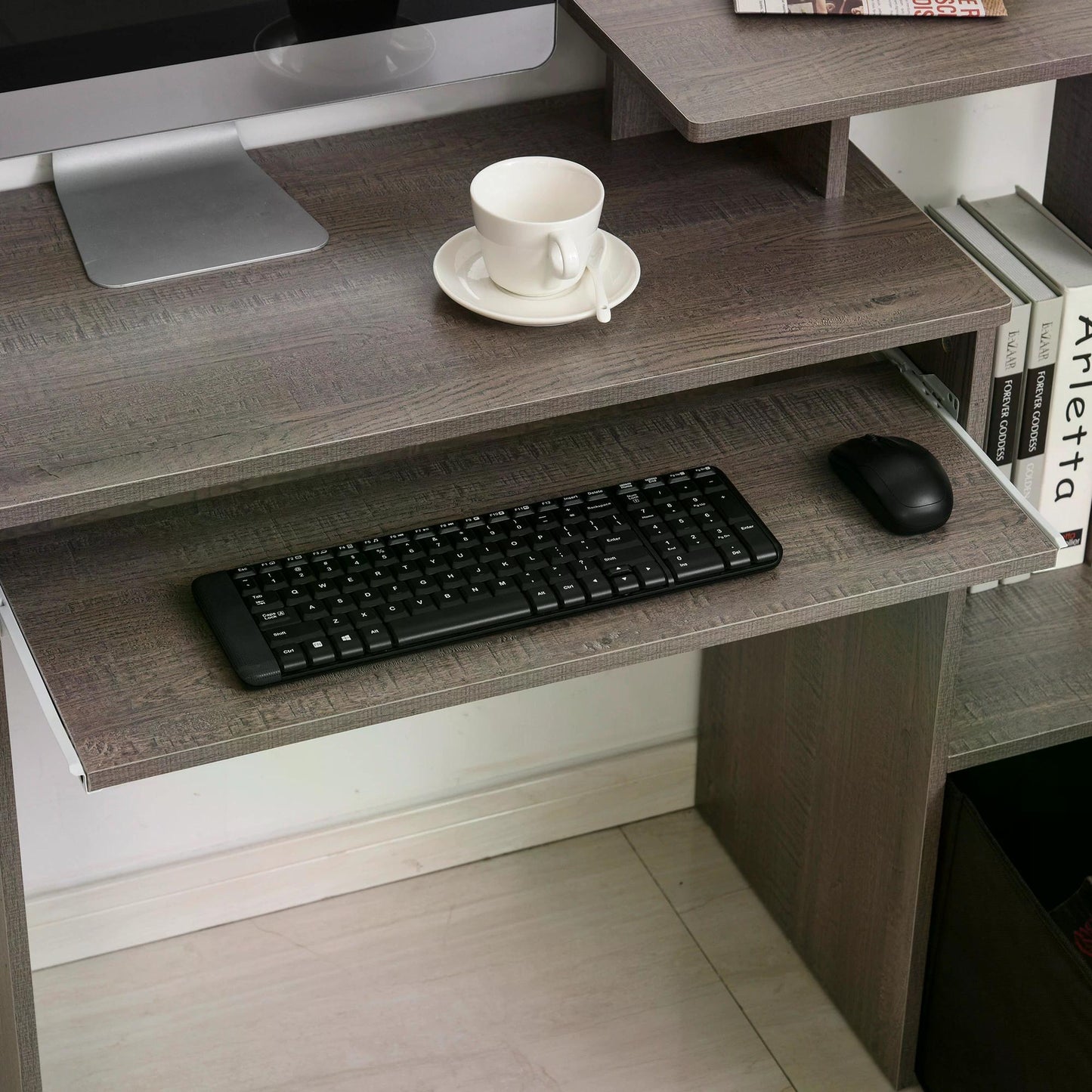 Homcom Computer Desk With Sliding Keyboard Tray Storage Drawer Shelf Home Office Workstation Office Desk Study Desks With Shelf Grey