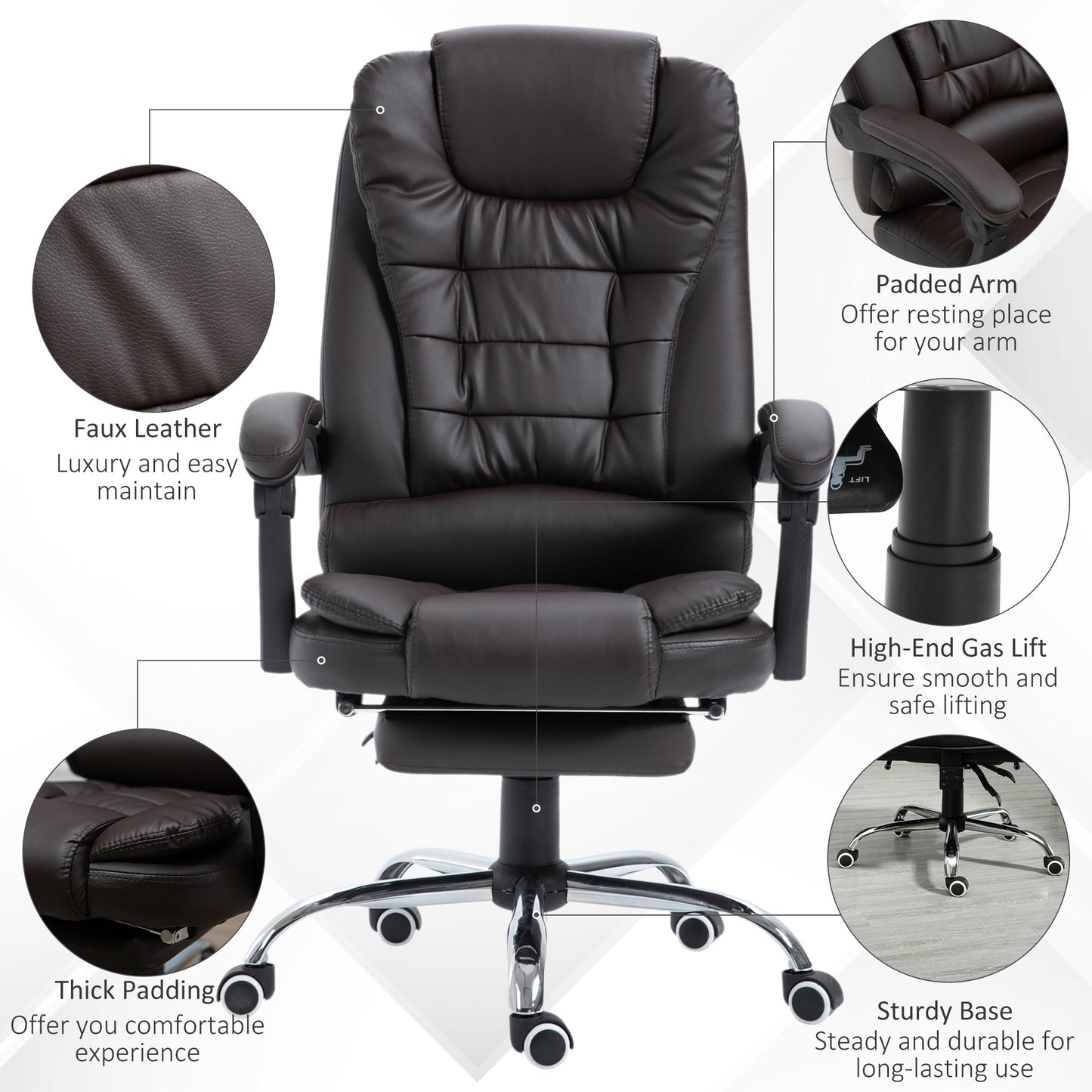 Homcom Recliner Pu Office Chair Office Chair Wheels Chair Computer Chair Home Office Chair Ergonomic Chair W/Footrest-Brown