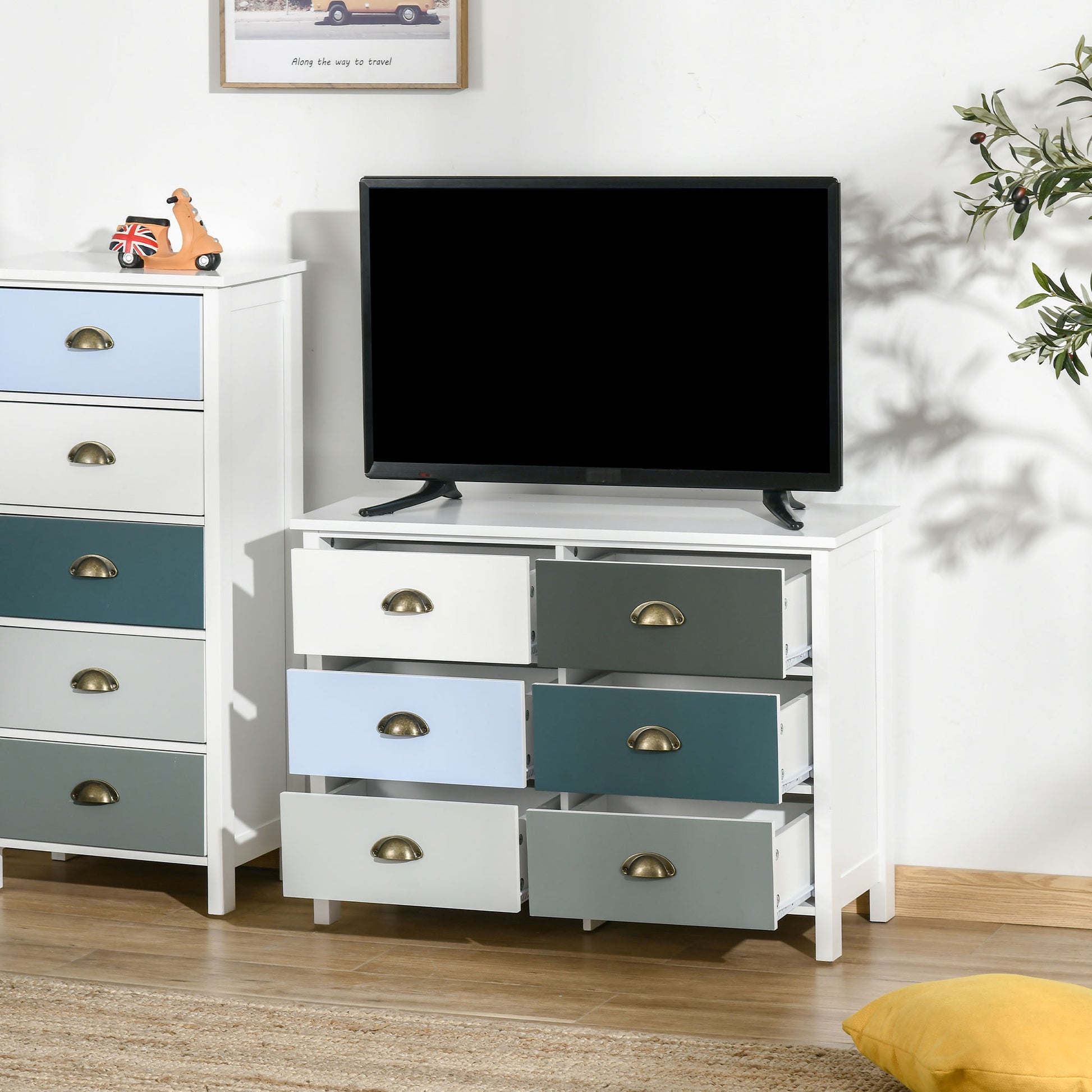 HOMCOM 6 Drawer Dresser, Six Diiferent Colours with Metal Handle for Living Room, Bedroom 