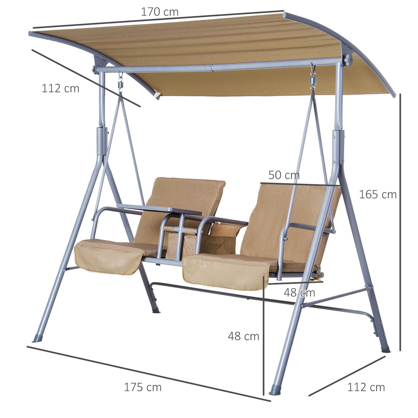 Outdoor Double Swing Chair Sun Shade Heavy Duty Cushioned Adjustable Canopy - Beige