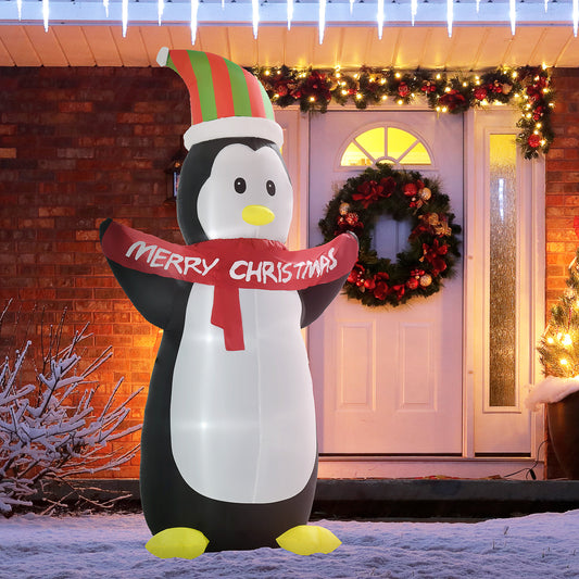 HOMCOM 243cm Inflatable Penguin Holding Merry Christmas Banner Holiday Yard Decoration w/LED Lights Indoor Outdoor Lawn Blow Up Decor