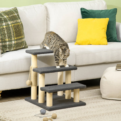 PawHut Cat Ladder, Cat Stair, Cat Ramp, for Kitten, w/ Scratching Post, Hanging Ball, Soft Touch, Three Layer, Grey 