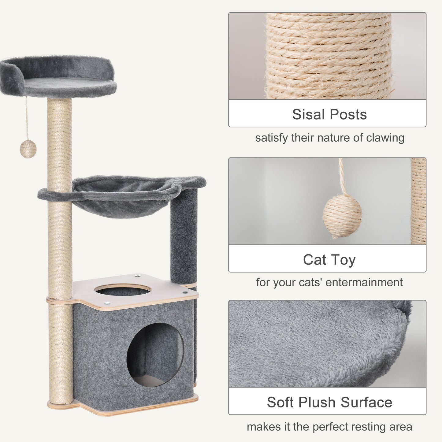 95cm Cat Tree Cat Tower Scratching Post Climbing Tree for Kitty w/Removable Felt Activity Center Grey