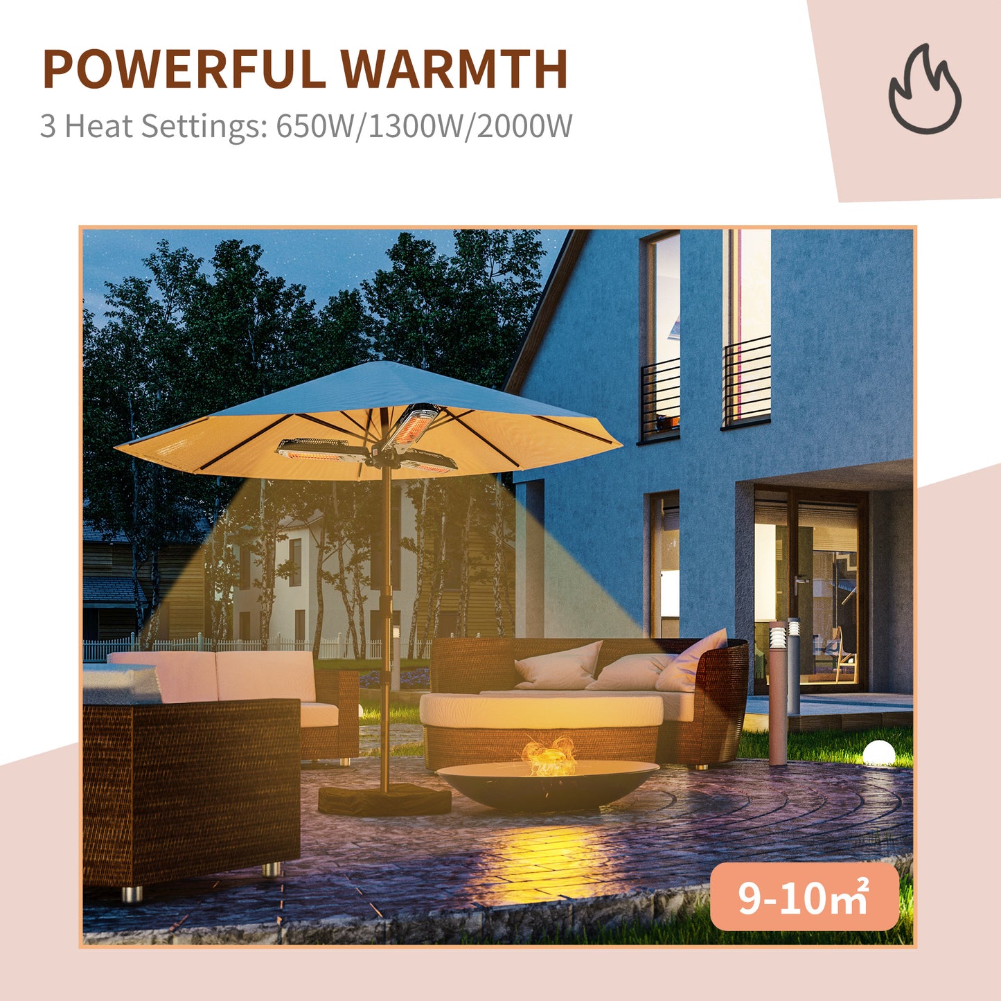 Electric Umbrella Parasol Mounted Infrared Heater 2000W Patio Gazebo Outdoor Use Black