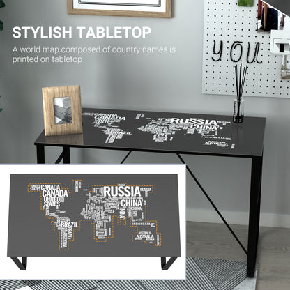 Black Study Desk, w/Glass Top with World Map Printing Working Station Home Office Metal Frame Easy Assembly