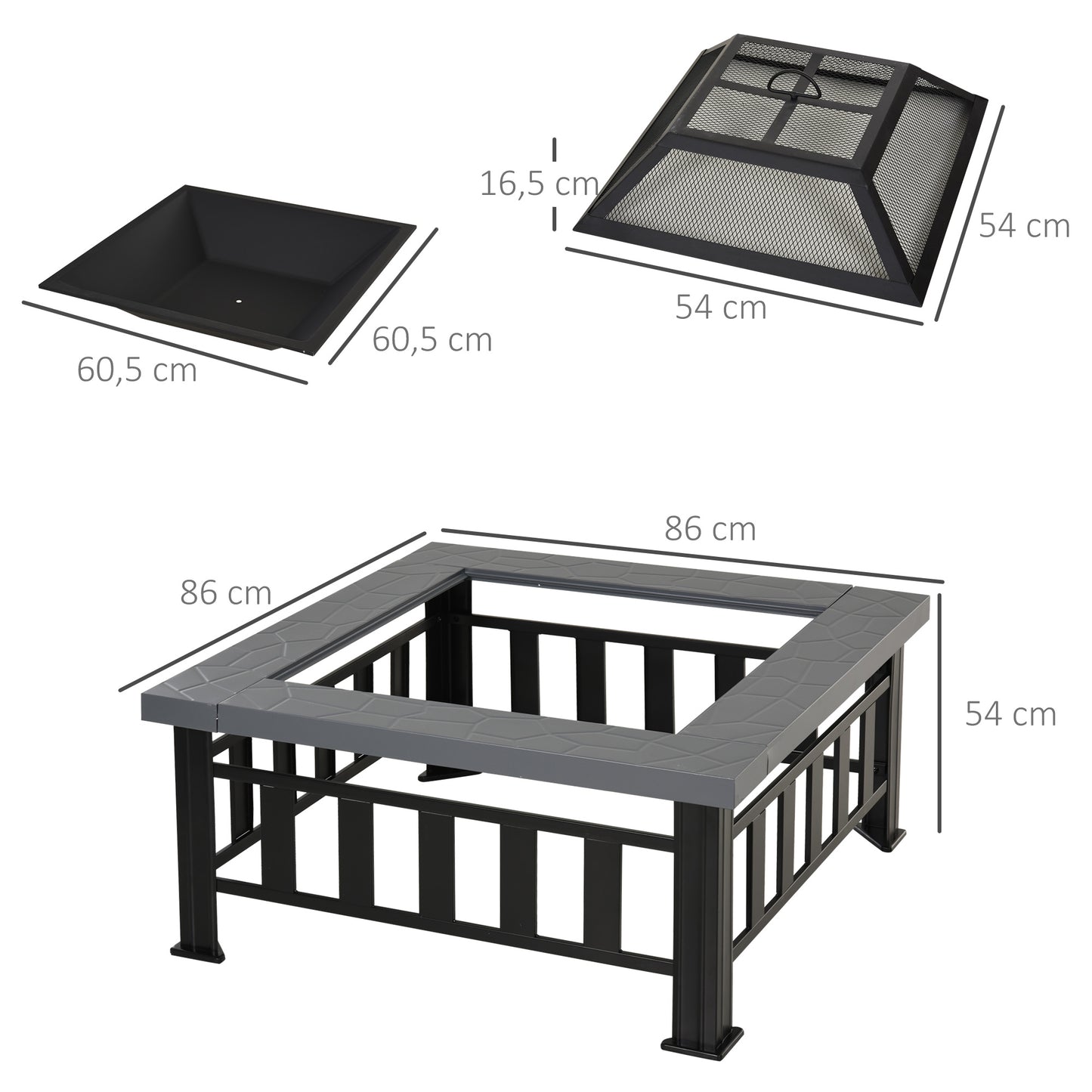 Patio Fire Pit, Square Metal Fire Pit With Waterproof Cover-Black/Grey