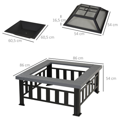 Patio Fire Pit, Square Metal Fire Pit With Waterproof Cover-Black/Grey