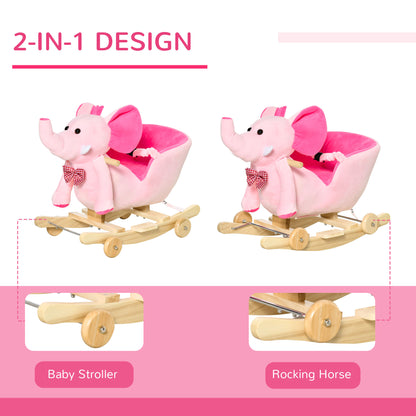 Elephant Rocking, Animal Rocker 2 in 1 Rocking Elephant Wooden W/Wheels and Sound - Pink