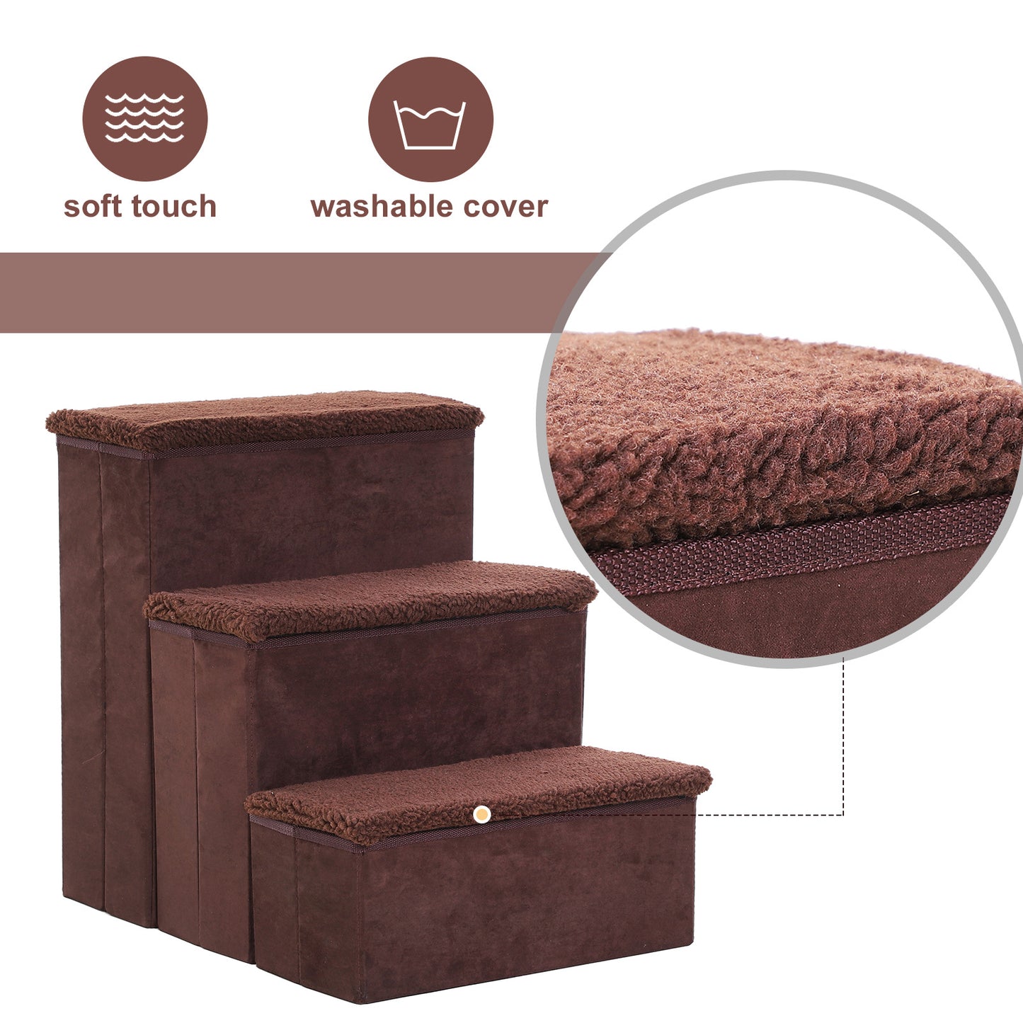 Puppy Steps for Bed, 3 Steps, Foldable Portable Mobility Assistance w/ Washable Fleece Cover 41x19cm Brown