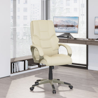 Homcom Cream Office Chair, High Back PU Leather Height Adjustable-W/ Gold Effect, 