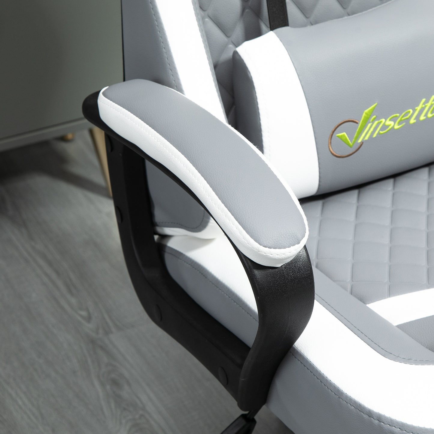 Ergonomic Gaming Chair w/ Lumbar Support, Headrest, Rocking Function, 360° Swivel, Grey White