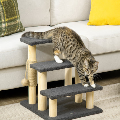 Cat Ladder, Cat Stair, Cat Ramp, for Kitten, w/ Scratching Post, Hanging Ball, Soft Touch, Three Layer, Grey