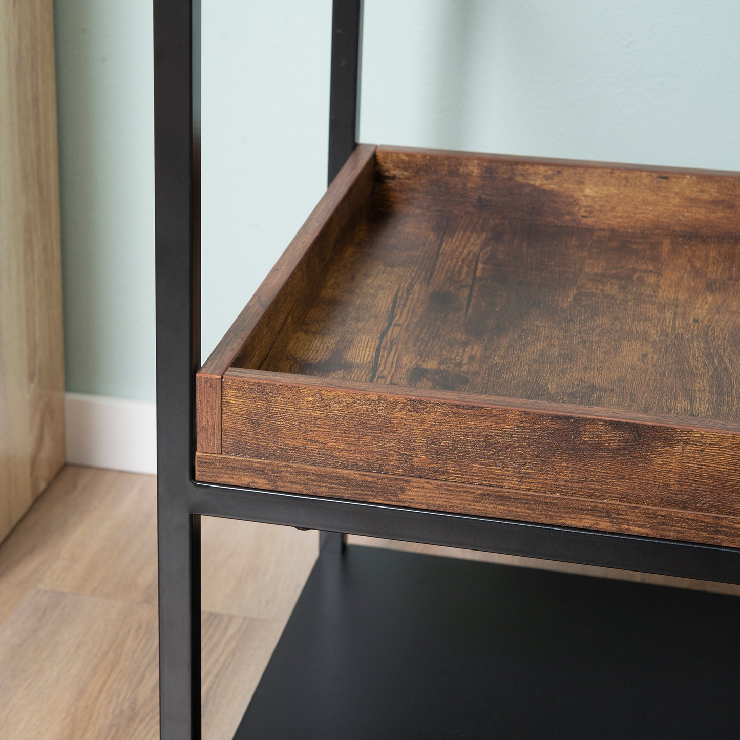 Glass Top Side Table, Industrial, with Storage Shelves, with Steel Frame for Living Room Rustic Brown