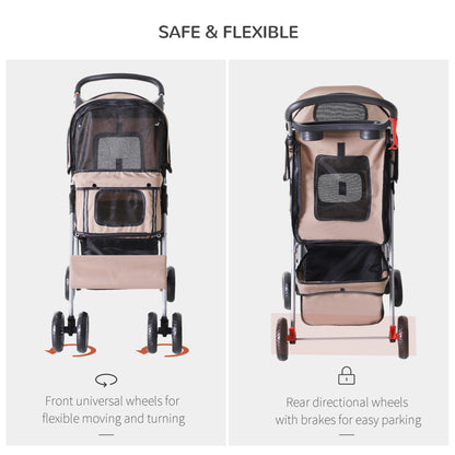 Cat Stroller, Pram, Pushchair, Foldable, Zipper Entry Cup Holder Carrier Cart Wheels-Brown/Silver