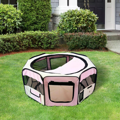 PawHut Fabric Pet Dog Playpen Portable 8 Panels Octagon Shape 37x37x95 cm-Pink/Cream 