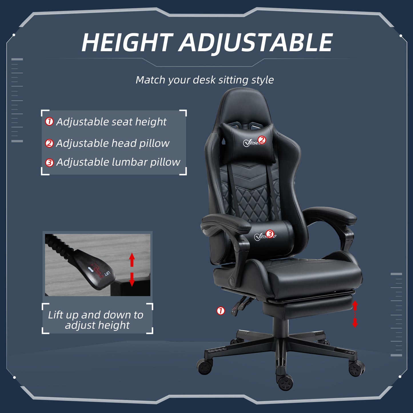 Reclining Gaming Chair with Footrest, Ergonomics, Swivel Wheel, , PVC Leather for Home Office, Black