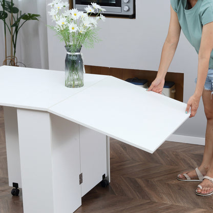 Kitchen Folding Desk Mobile Drop Leaf Dining Table W/ Wheels & Storage Shelves-White Wood Grain