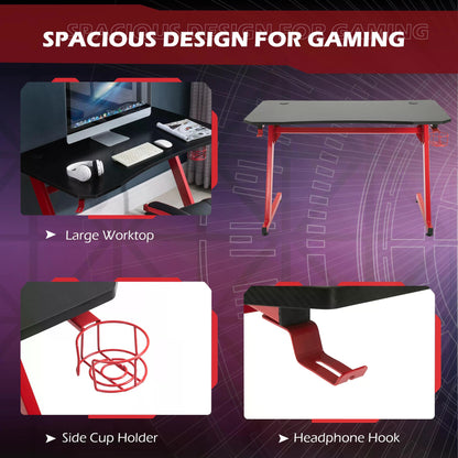 Gaming Computer Desk,  Steel Frame w/ Cup Headphone Holder Adjustable Feet Cable Organiser Home Office Red