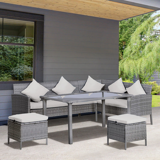 Outsunny Garden Outdoor 5 PCs Patio Rattan Corner Dining Set 6 Seater Wicker Sofa, Foot Stool, Dining Table with White Cushions - Mixed Grey