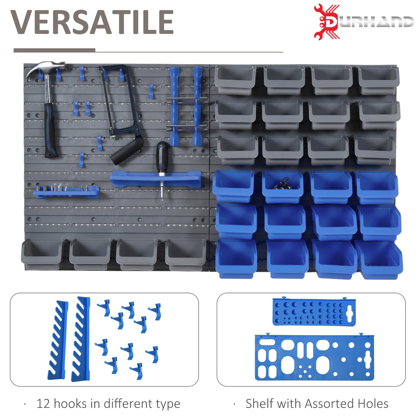 44 Piece Wall Mounted Tool Organizer Rack Kit w/ Storage Bins, Pegboard & Hooks, Blue