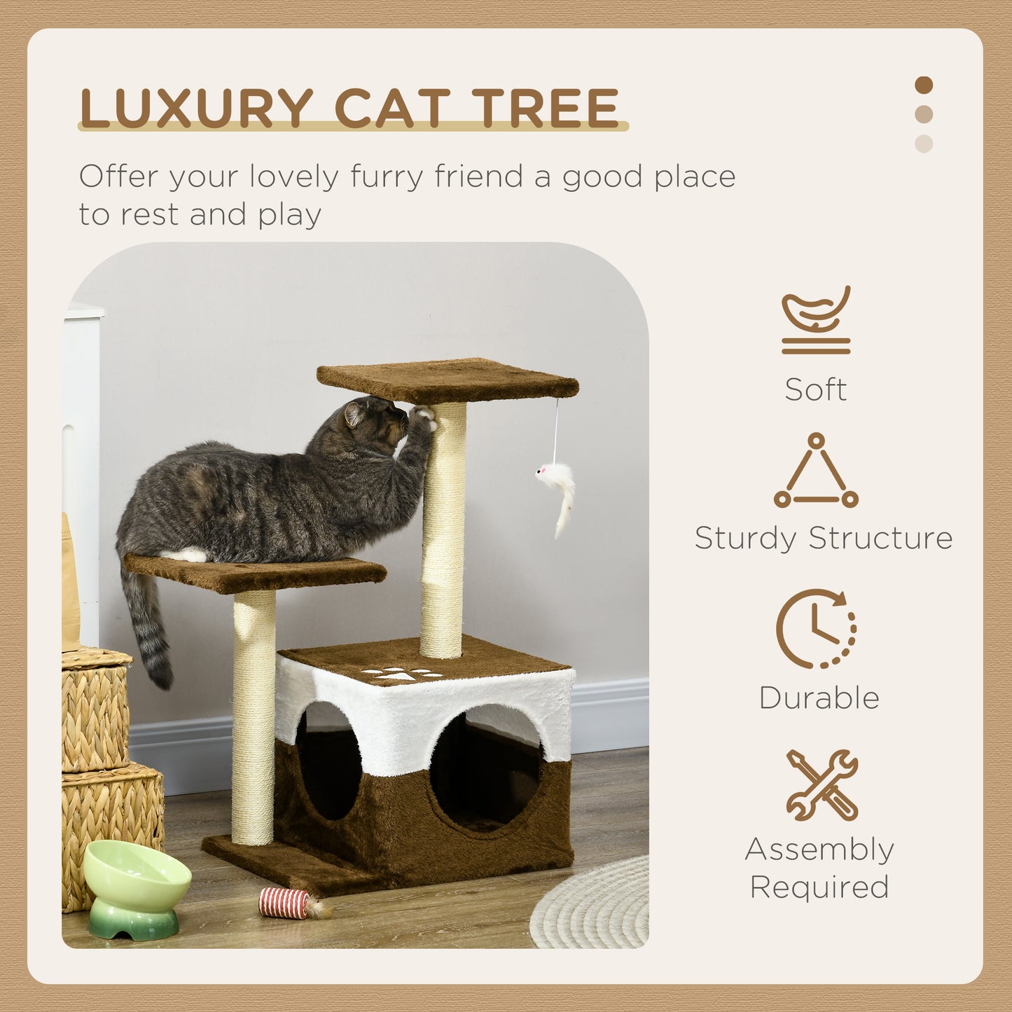 Cat Tree Tower Kitten House Scratching Posts W/ Condo Perch Interactive Mouse Toy 45 x 33 x 70 cm