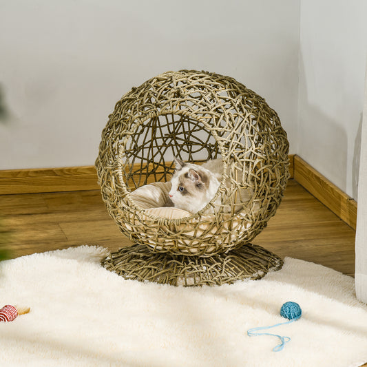 PawHut Cat Cave Rattan Cat Bed Kitten Basket Pet Den. House Cozy Cave with Soft Cushion Φ48 x 52cm Brown 