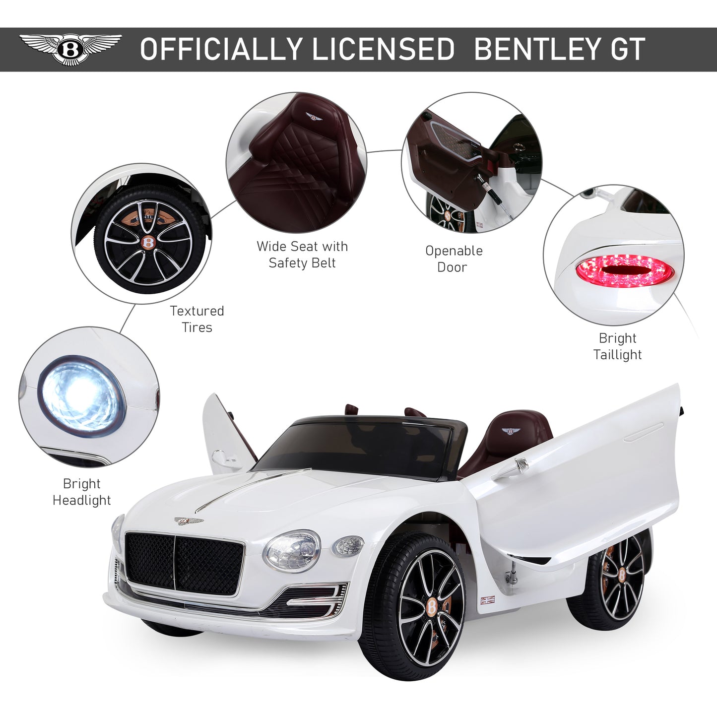 Kids Electric Ride on Car Bentley Licensed 12V Children Twin Motors with Lights Music Parental Remote Control-White  Aosom IE