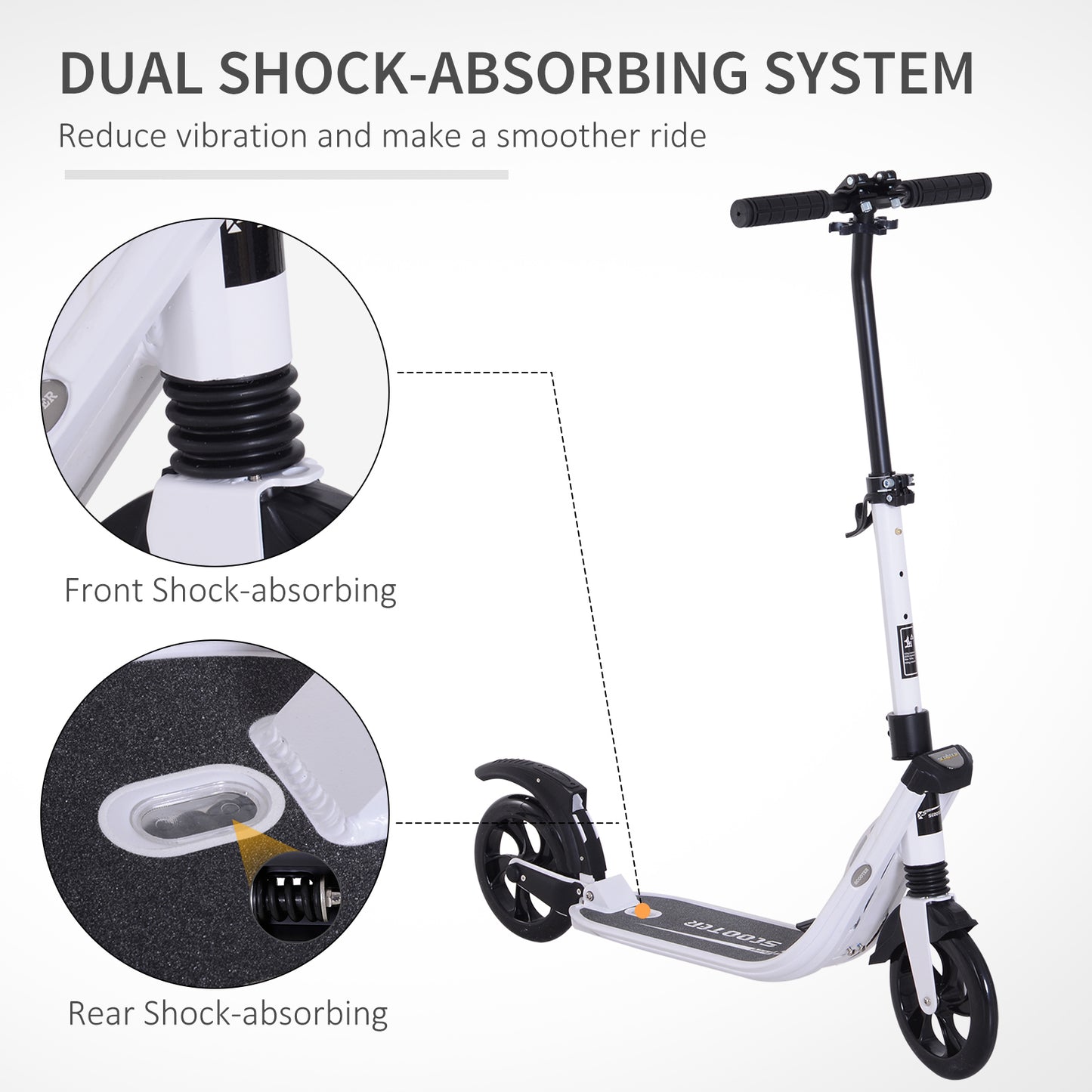 Foldable Kick Scooter, Adjustable Height, 93.5L x 38W x 95-105Hcm-White