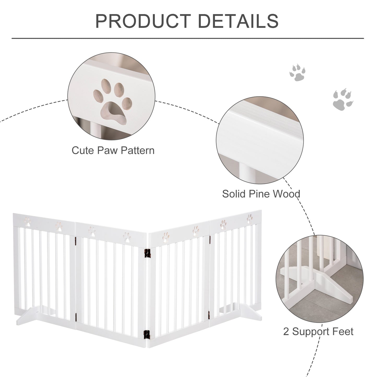 Freestanding Pet Gate 4 Panel Wooden Dog Barrier Folding Safety Fence with Support Feet up to 204cm