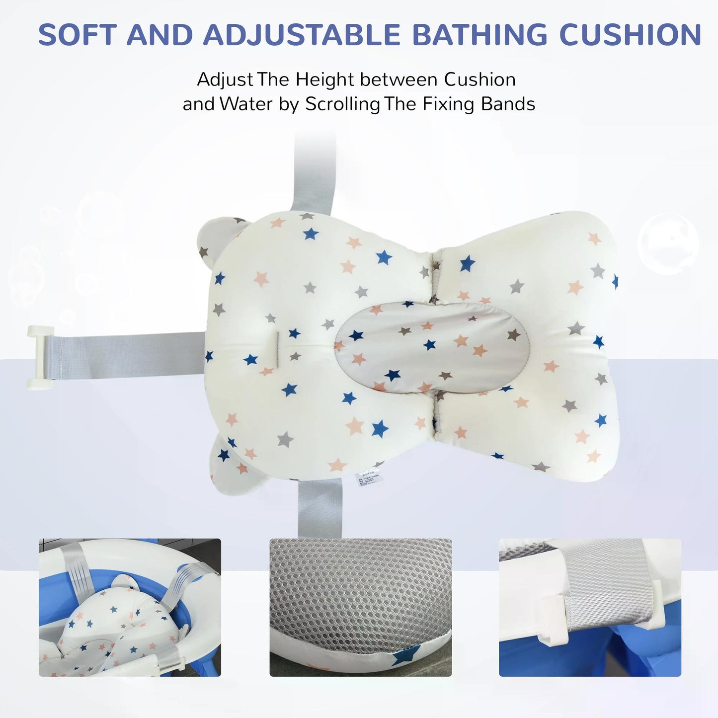 Collapsible Baby Bath Tub Foldable Ergonomic w/ Cushion Temperature Sensitive Water Plug Non-Slip Support Leg Portable Blue