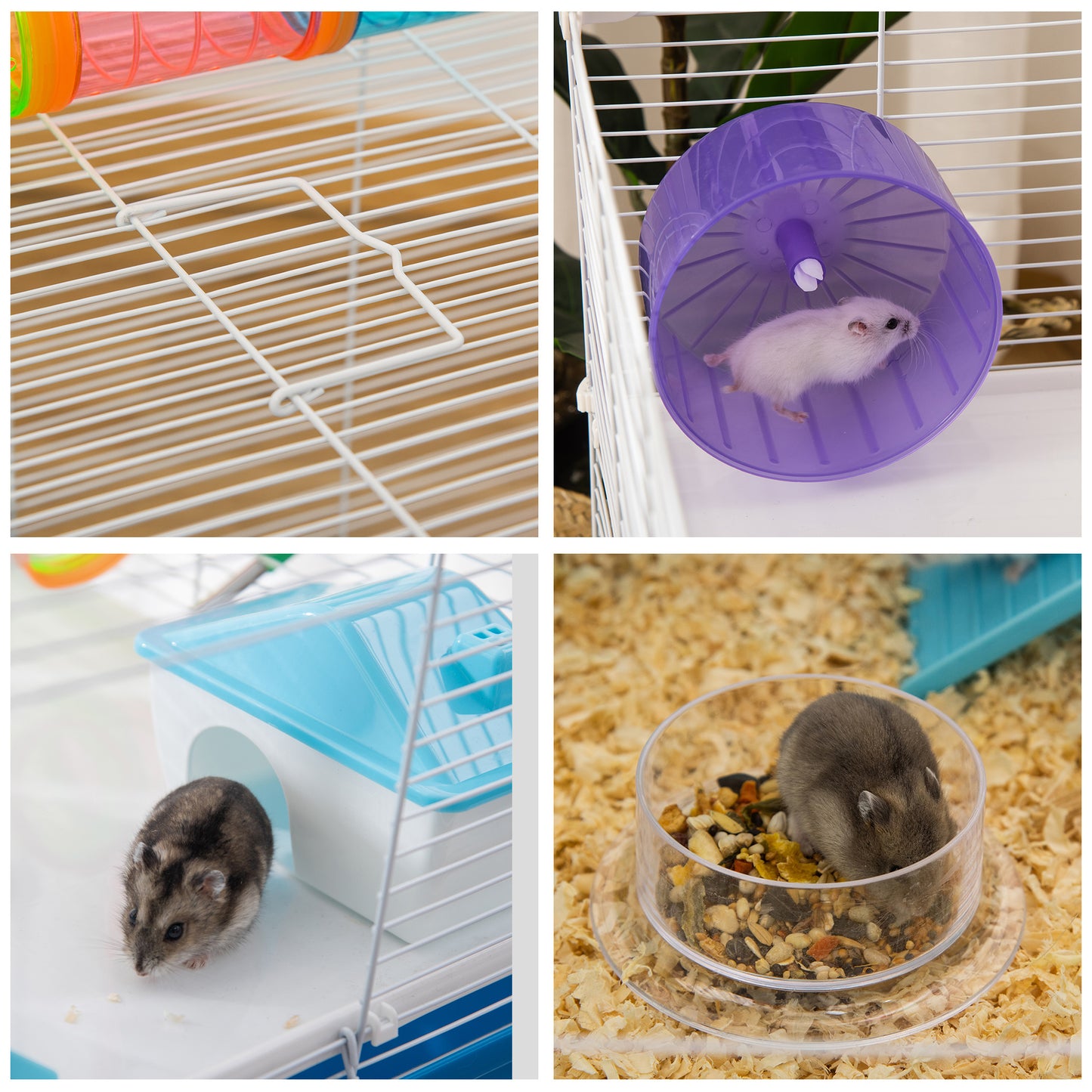 Plastic Hamster Cage, with Tubes Tunnel Three-Level Rodent House with Exercise Wheel, Water Bottle, 59 x 36 x 47 cm- Blue