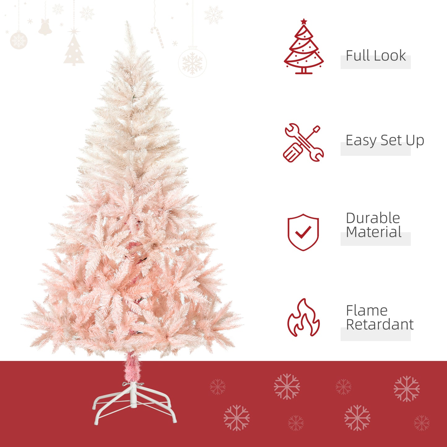 Pink Christmas Tree, 5ft Artificial Christmas Tree, Holiday Home Decoration with Metal Stand, Automatic Open, White and Pink