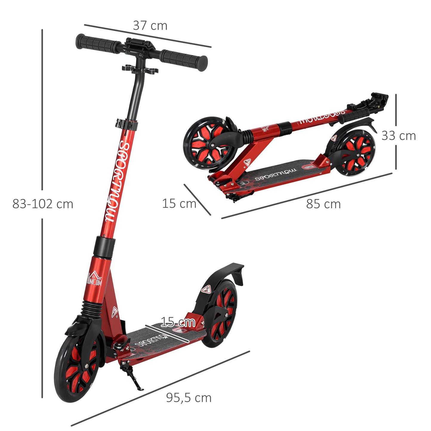 Adult Kick Scooter, Foldable w/ Adjustable Handlebar, Kickstand, Dual Shock Absorber, 200mm Wheels & ABEC-9 Bearing, Red