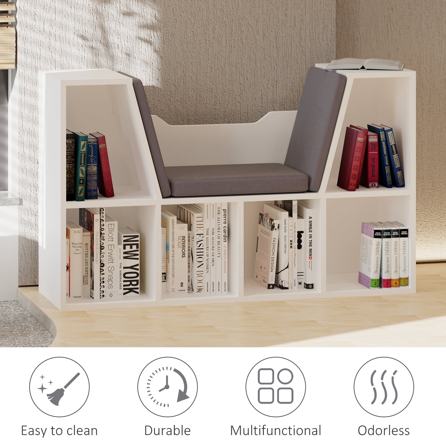 Bookcase Shelf Storage Seat Bedroom Living Room Organiser W/Particle Board Sponge Linen, 102W x 30D x 61Hcm-White/Grey