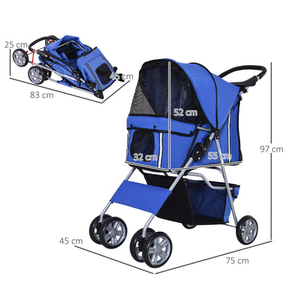 Cat Stroller Pram Pushchair, Foldable, W/ 4 Wheels - Blue/Silver