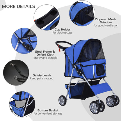 Cat Stroller Pram Pushchair, Foldable, W/ 4 Wheels - Blue/Silver