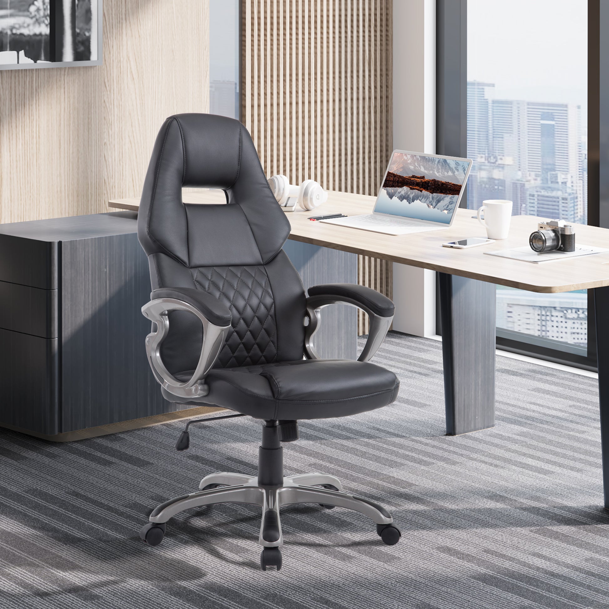 Homcom Black Leather Desk Chair, w/ Rocking Function, Adjustable Height 