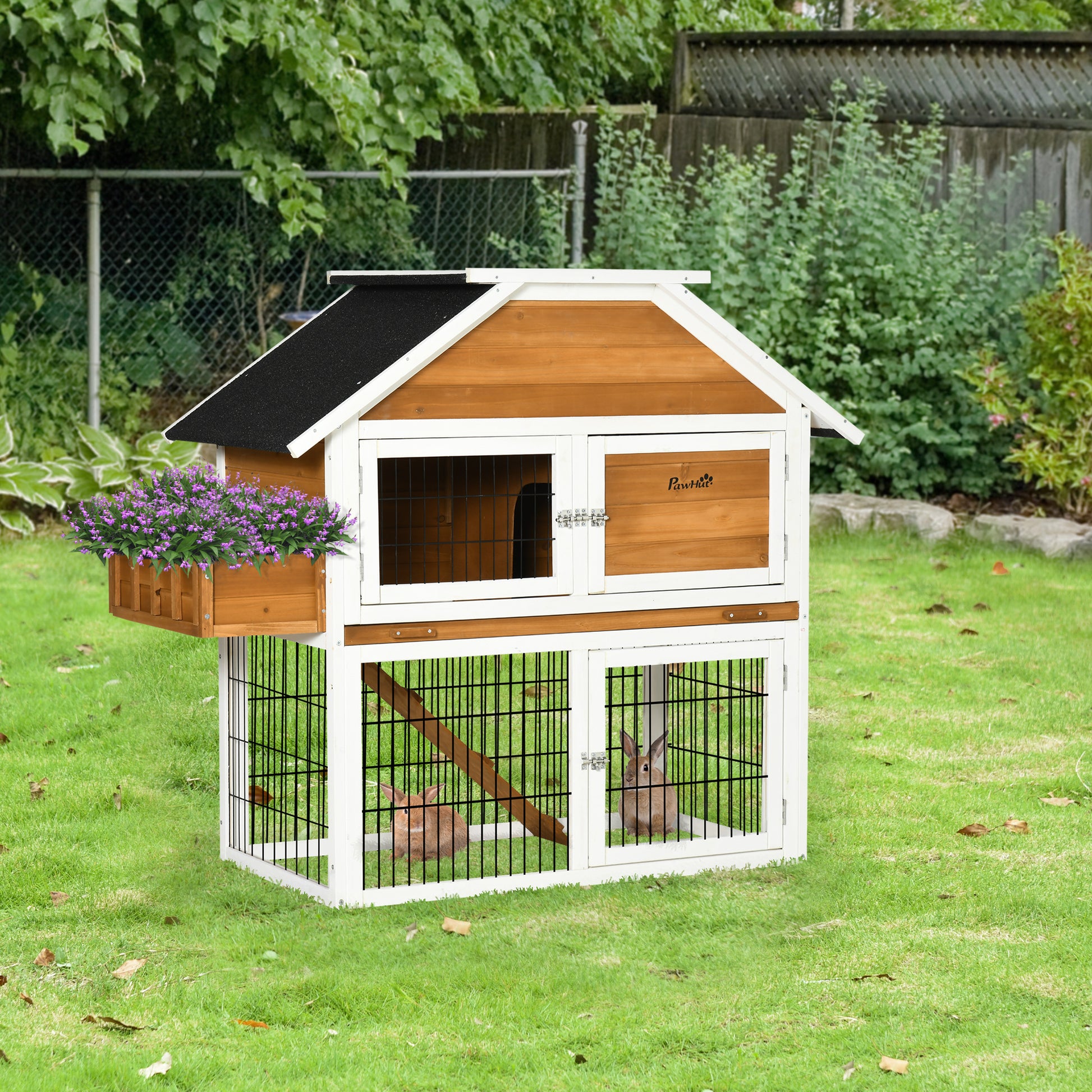 PawHut 2 Tier Wooden Rabbit Hutch, Guinea Pig Cage, Bunny Run, Small Animal House with Plant Box 123 x 58 x 106cm, Natural 