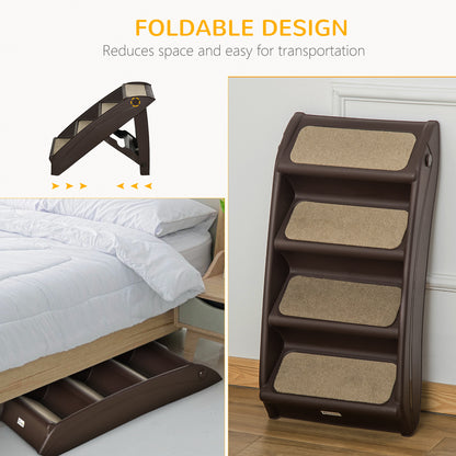 Puppy Steps for Bed, Foldable Four-Step, for Cats, Small Miniature Dogs, with Non-Slip Mats 62 x 38 x 49.5cm Brown