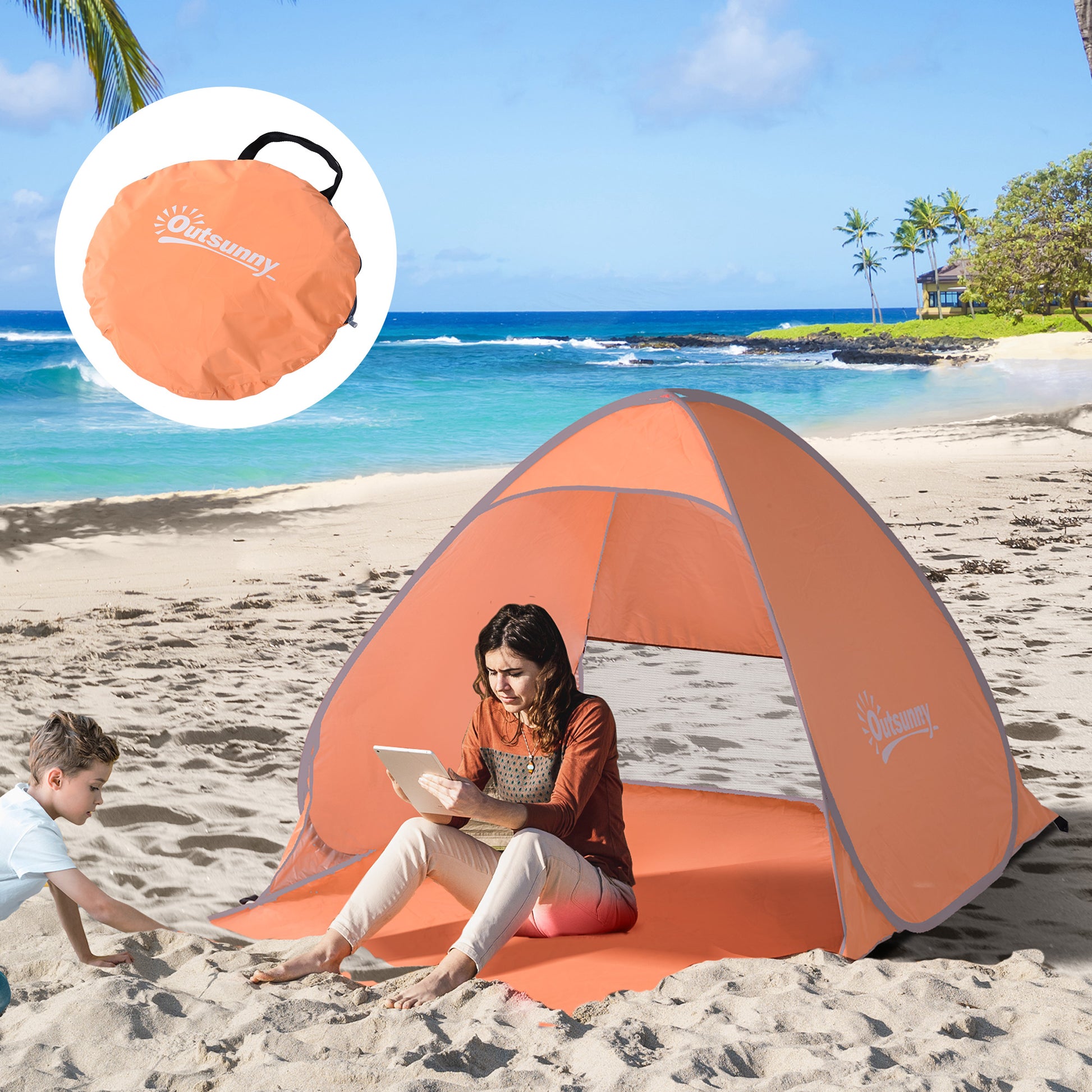 Outsunny 2 Person Pop up Beach Tent Hiking UV Protection Patio Sun Shade Shelter (Orange) Instant Camping Portable Automatic 