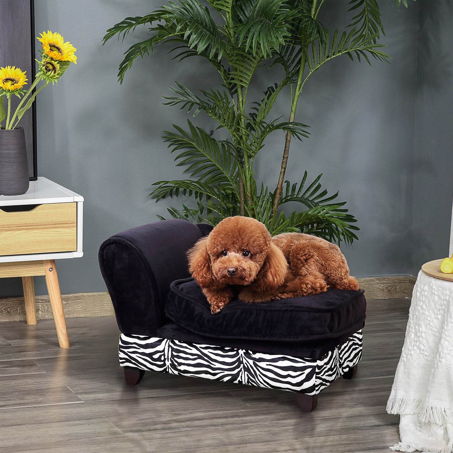 Pawhut Fabric Cat Sofa, 57x34x36cm-Black, Zebra-Stripe with Storage Box Pet Couch Pet Storage Sofa Bed  