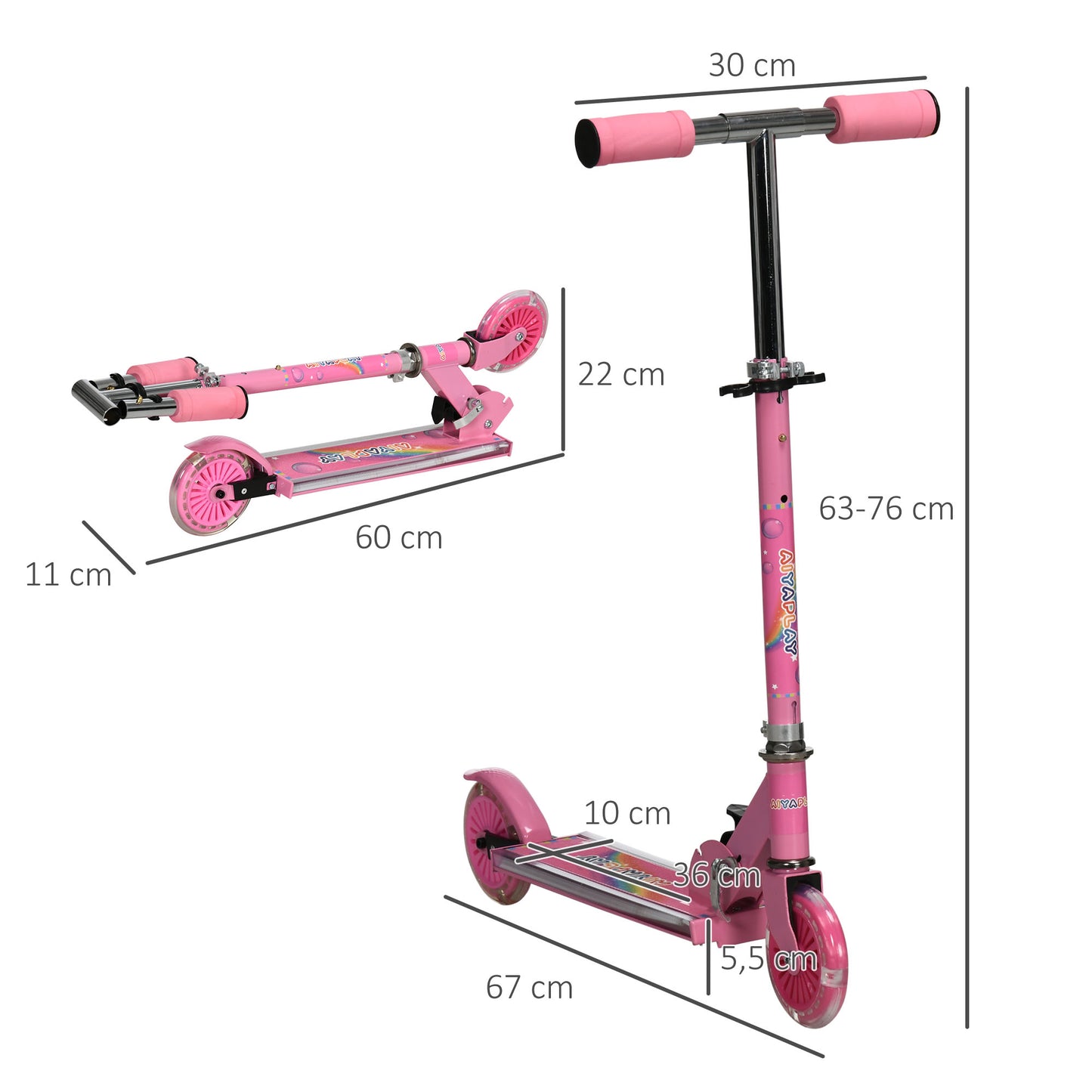 Childrens 2 Wheel Scooter,, with Lights, Music, Adjustable Height, Foldable Frame, for Ages 3-7 Years - Pink