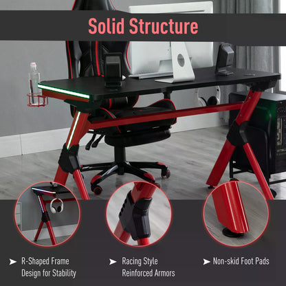 Gaming Computer Desk, with RGB LED Lights Racing Style Gaming Table with Cup Holder, Cable Management, Red