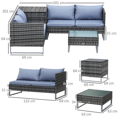 4 PCs Garden Rattan Wicker Outdoor Furniture Patio Corner Sofa Love Seat and Table Set with Cushions Side Desk Storage - Mixed Grey