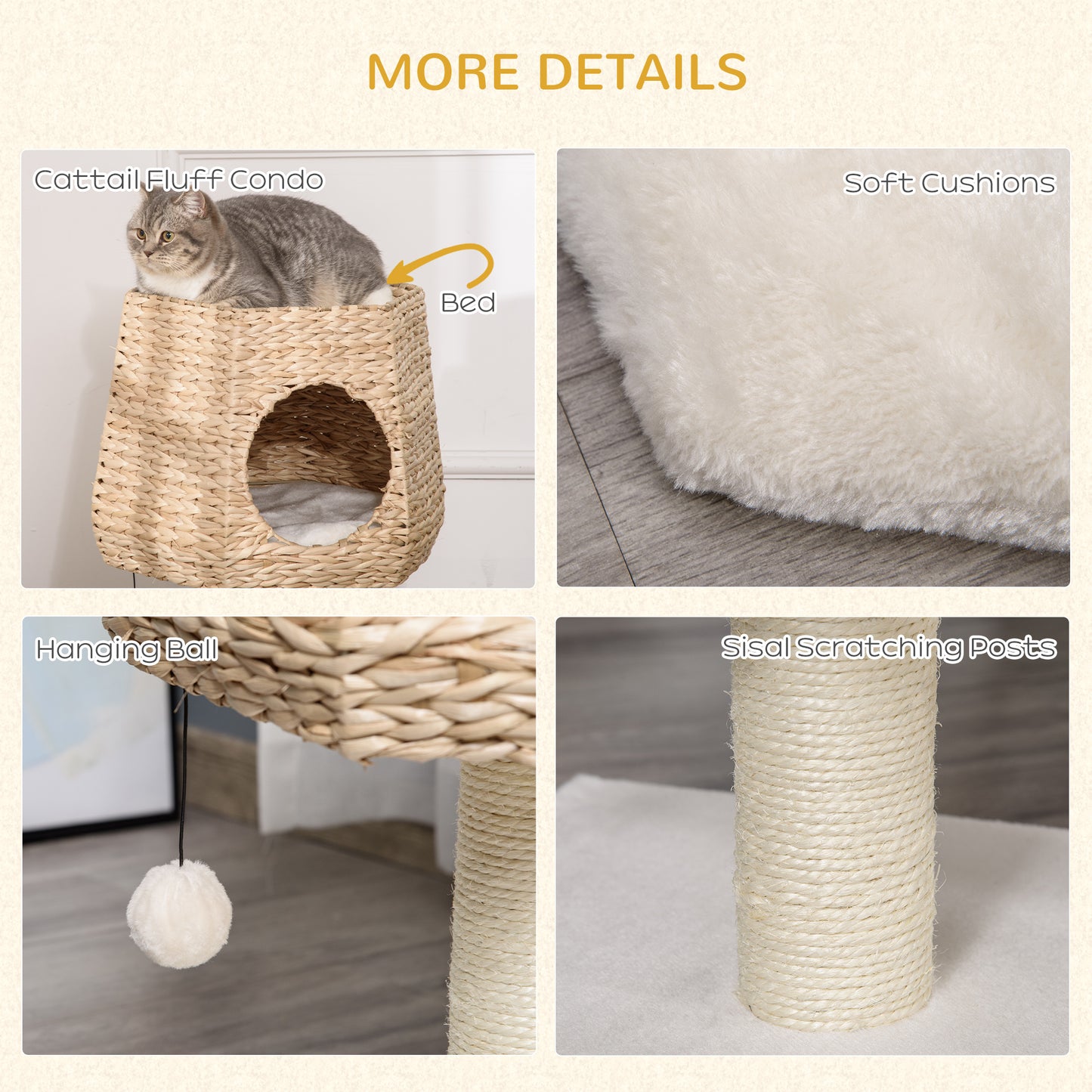 Cat Play Tower, for Kitten, with Scratching Post, Washable Cushion, Hanging Ball, 66cm, Natural