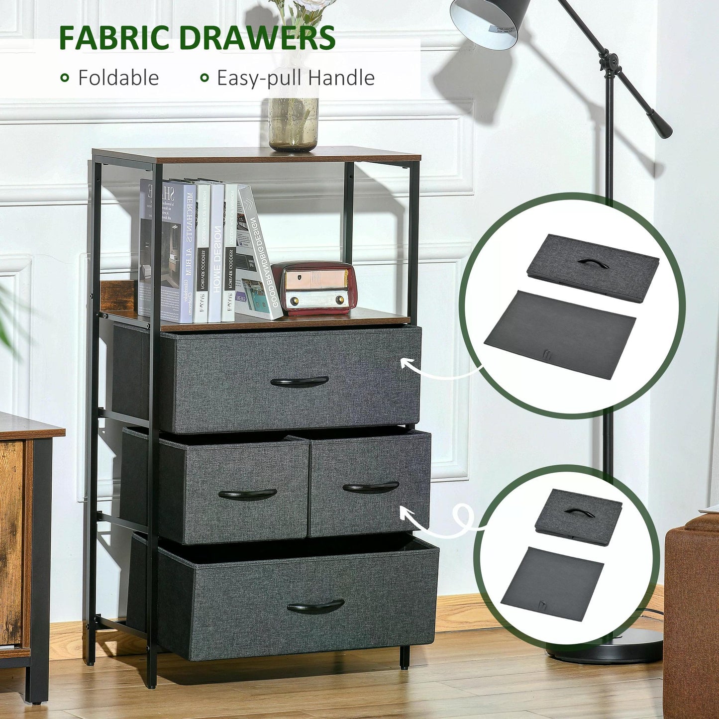 Chest of Drawers Bedroom Unit Storage Cabinet with 4 Fabric Bins for Living Room, Bedroom and Entryway, Black