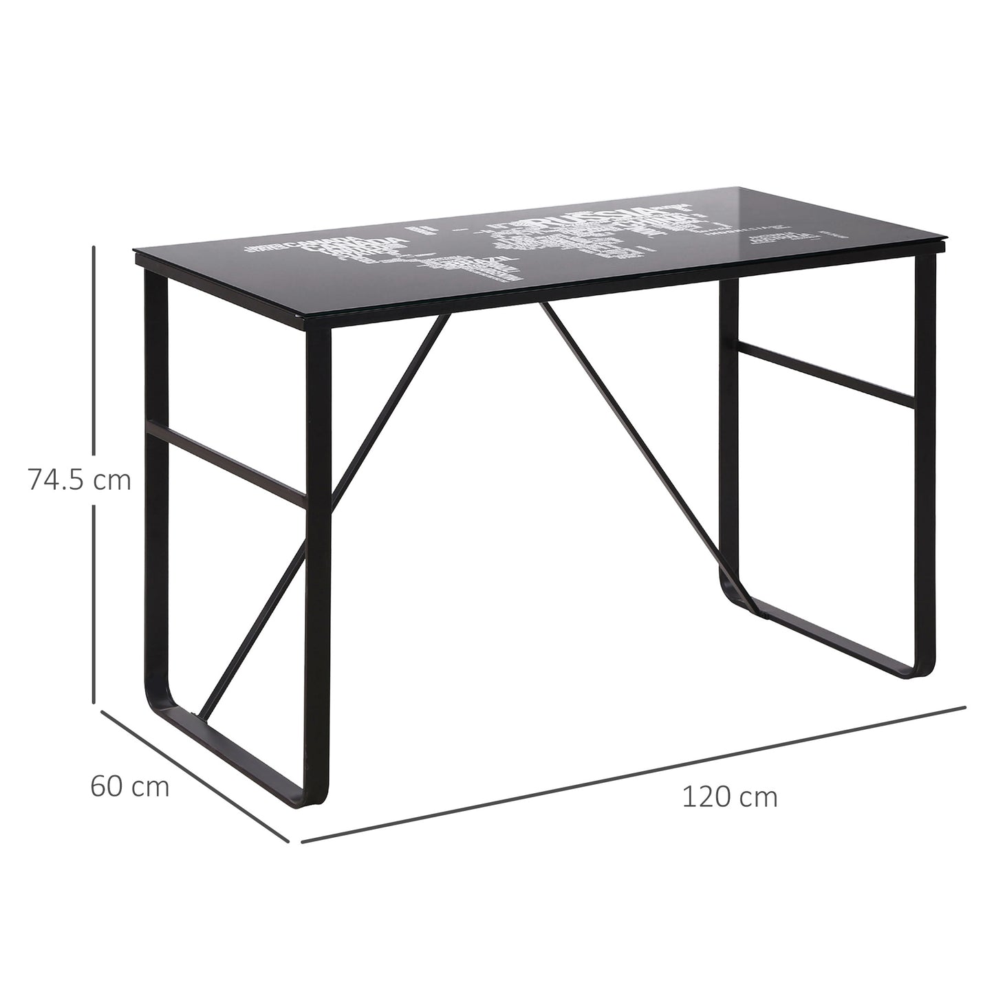 Black Study Desk, w/Glass Top with World Map Printing Working Station Home Office Metal Frame Easy Assembly