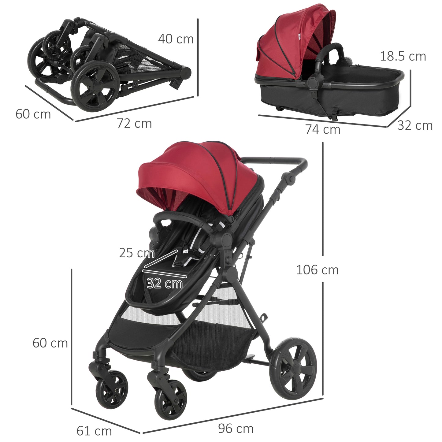 Baby Stroller Pram Pushchair 2 in 1 Lightweight w/ Reversible Seat, Foldable Travel, Fully Reclining From Birth to 3 Years, Red