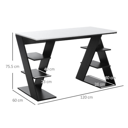 Study Desks with Storage, 120x60x75.5cm Laptop Workstation with 6 Open Shelves White and Black
